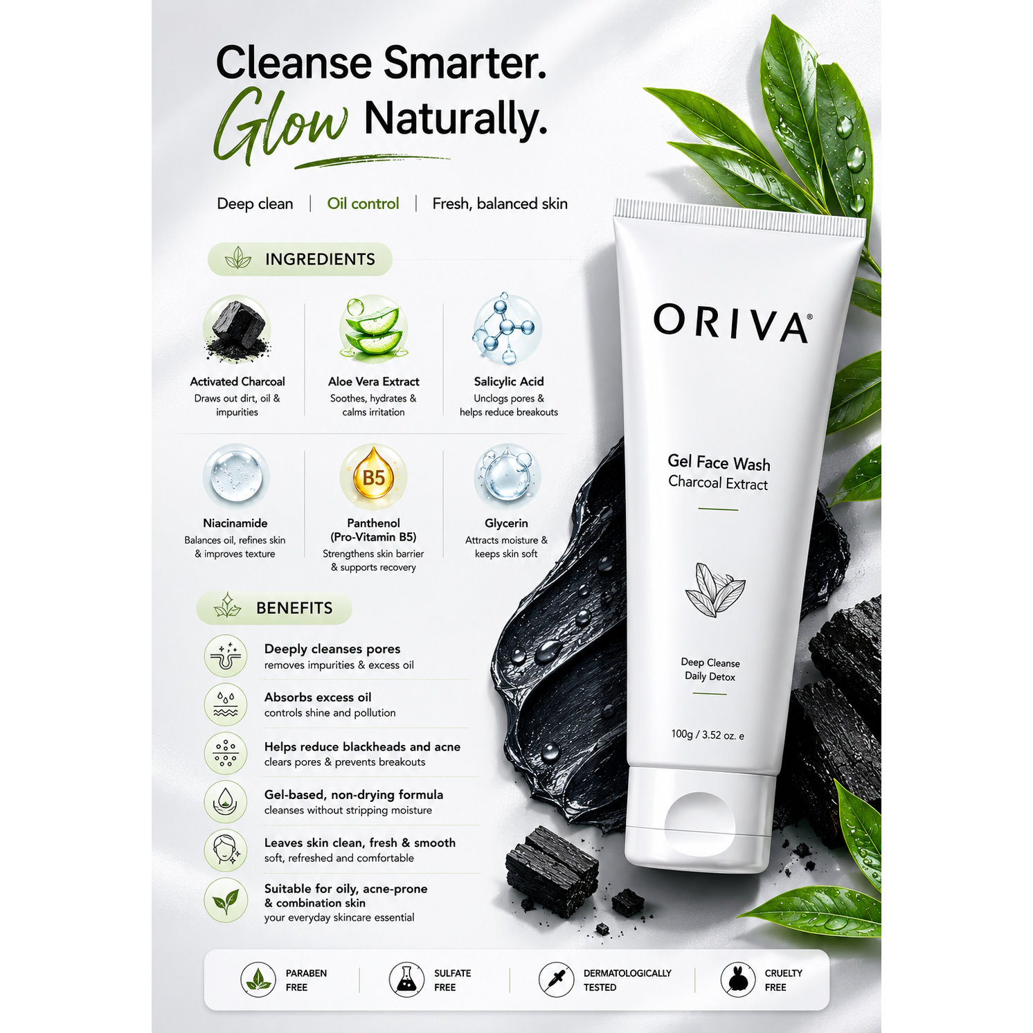 Oriva Charcoal Gel Face Wash - 100g for Deep Cleansing and Skin Purification